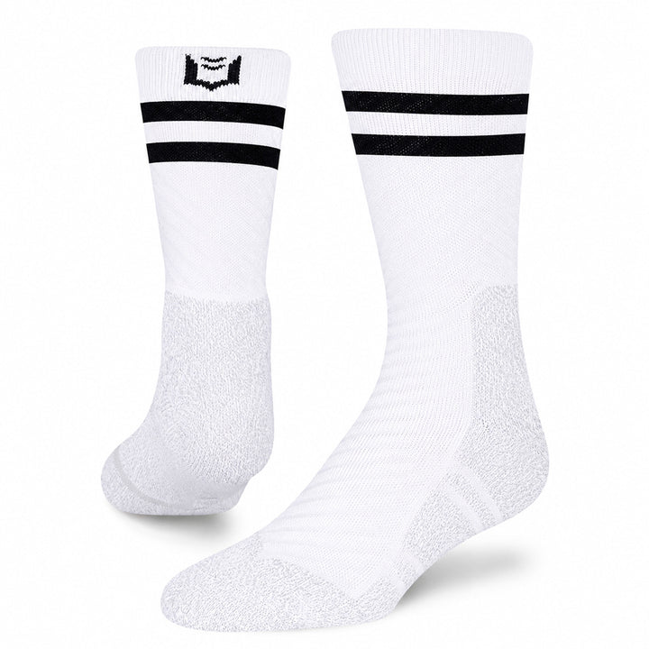 SHEATH Pair of white varsity crew socks with two black strips around calf featuring breathable fabric with subtle geometric pattern and cushioned support designed for active lifestyles and everyday comfort.