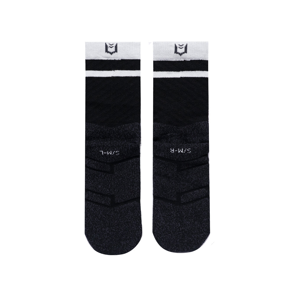 SHEATH black varsity crew socks with two white strips around calf featuring breathable, moisture-wicking fabric with subtle geometric knit pattern and ergonomic support for enhanced comfort during active wear.#color_black-varsity