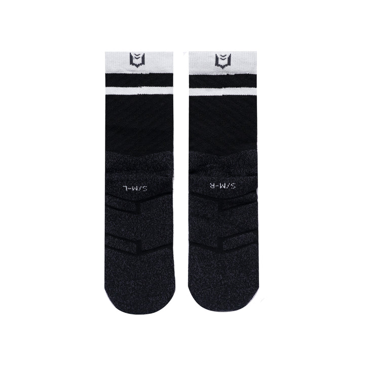 SHEATH black varsity crew socks with two white strips around calf featuring breathable, moisture-wicking fabric with subtle geometric knit pattern and ergonomic support for enhanced comfort during active wear.#color_black-varsity