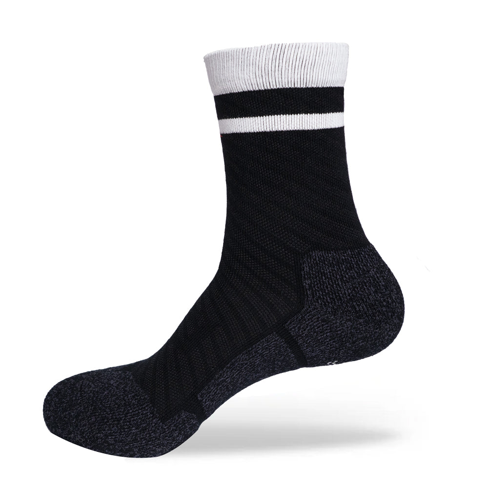 SHEATH black varsity crew socks with two white strips around calf featuring breathable fabric with subtle geometric detailing, designed for comfort and moisture management during active wear and everyday use.#color_black-varsity