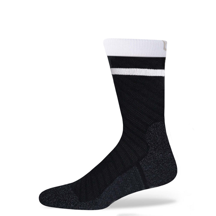 SHEATH black varsity crew socks with two white strips around calf featuring breathable fabric with subtle geometric detailing, designed for comfort and moisture management during active wear and everyday use.