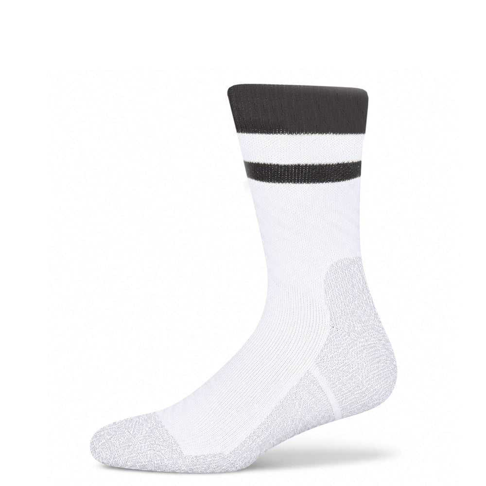 SHEATH white varsity crew socks with two black strips around calf featuring breathable fabric with subtle geometric detailing, designed for comfort and moisture management during active wear and everyday use.