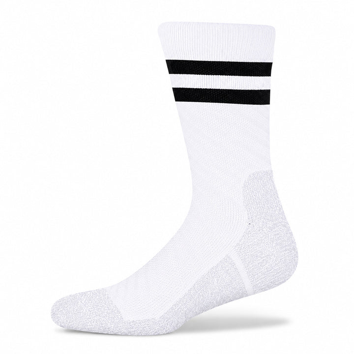 SHEATH white varsity crew socks with two black strips around calf featuring breathable fabric with subtle geometric detailing, designed for comfort and moisture management during active wear and everyday use.