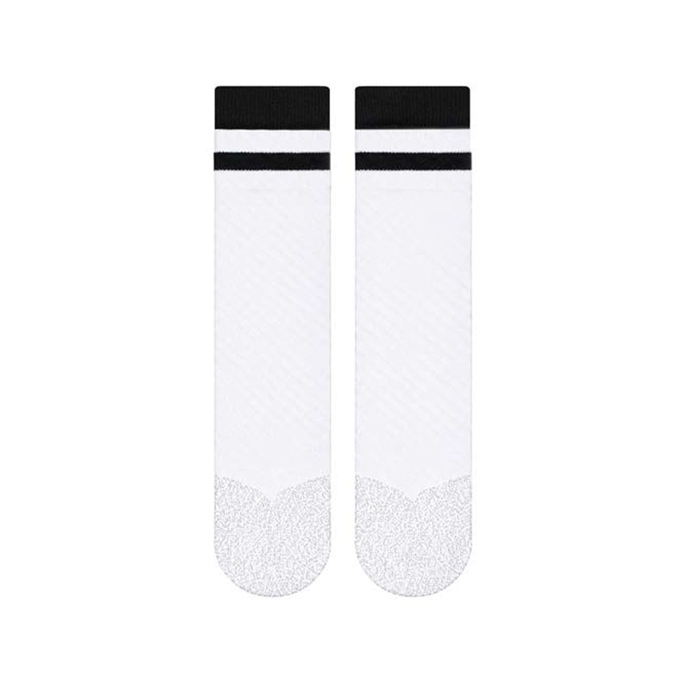 SHEATH Pair of white varsity crew socks with two black strips around calf featuring breathable knit fabric with subtle texture and cushioned footbed for enhanced comfort and moisture management during active use.