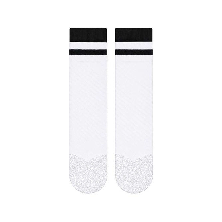 SHEATH Pair of white varsity crew socks with two black strips around calf featuring breathable knit fabric with subtle texture and cushioned footbed for enhanced comfort and moisture management during active use.