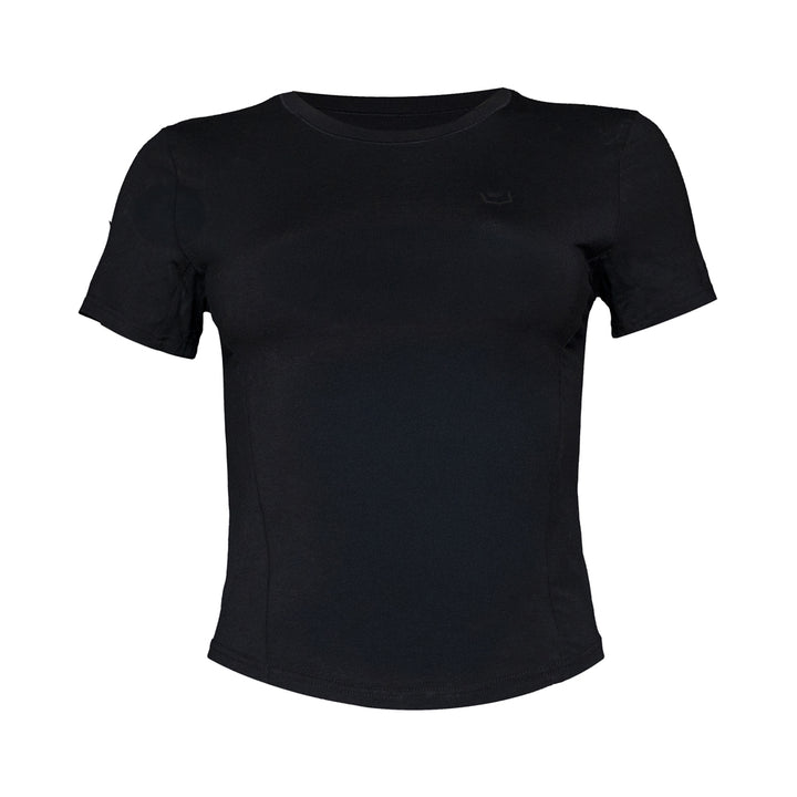 SHEATH Black bamboo workout t-shirt for women with subtle printed logo on front, designed for breathable comfort and durability. front view