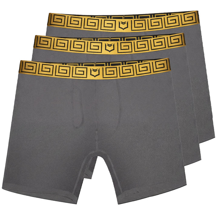 3 flat SHEATH V AirFlow Mesh Dual Pouch Boxer Brief - Gray & Gold representing 3-pack#color_gray-gold