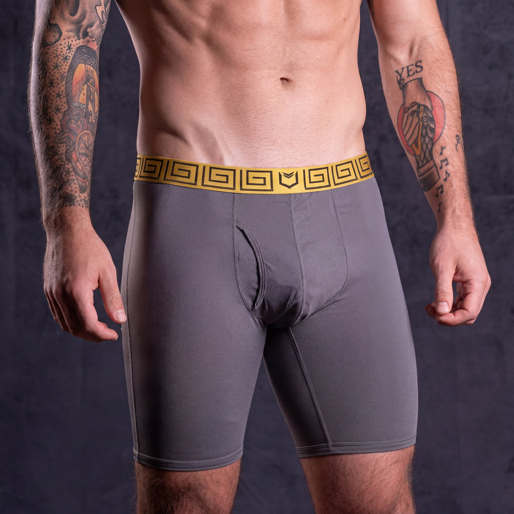 SHEATH V AirFlow Mesh Dual Pouch Boxer Brief - Gray & Gold#color_gray-gold
