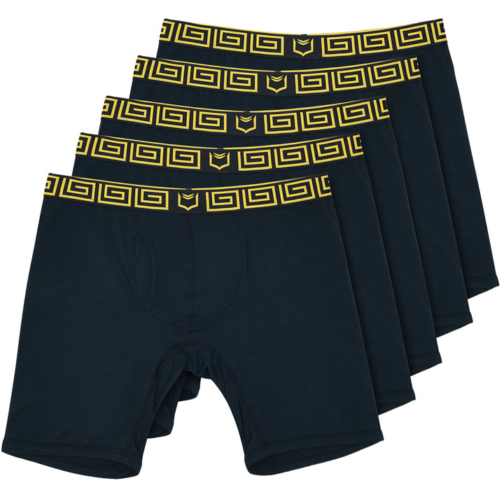 Set of 5 SHEATH V black boxer briefs with gold waistbands on white background#color_black-gold