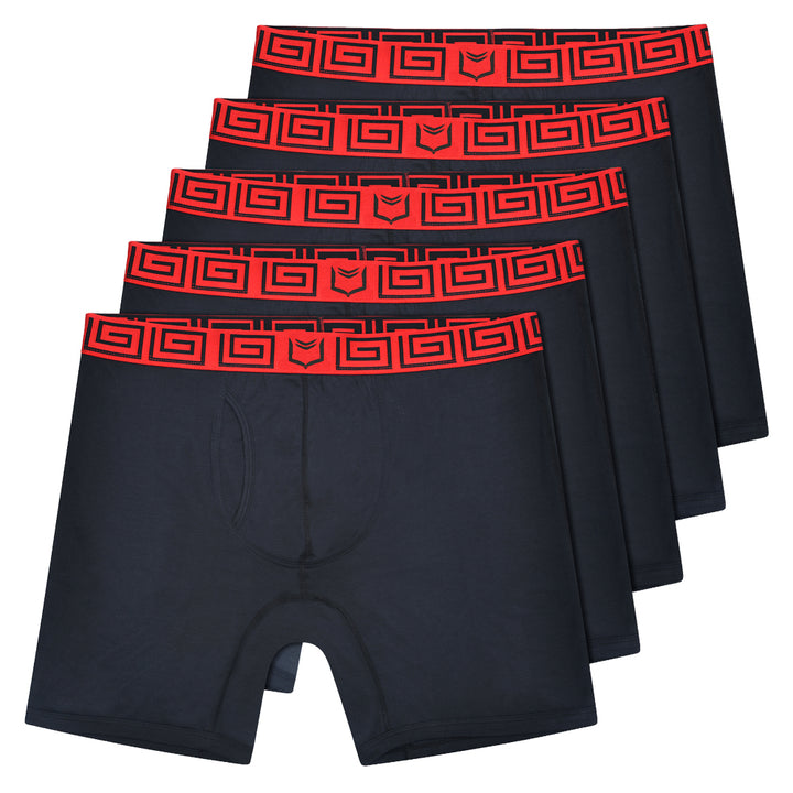 Set of 5 SHEATH V black boxer briefs with red waistbands on a white background#color_black-red