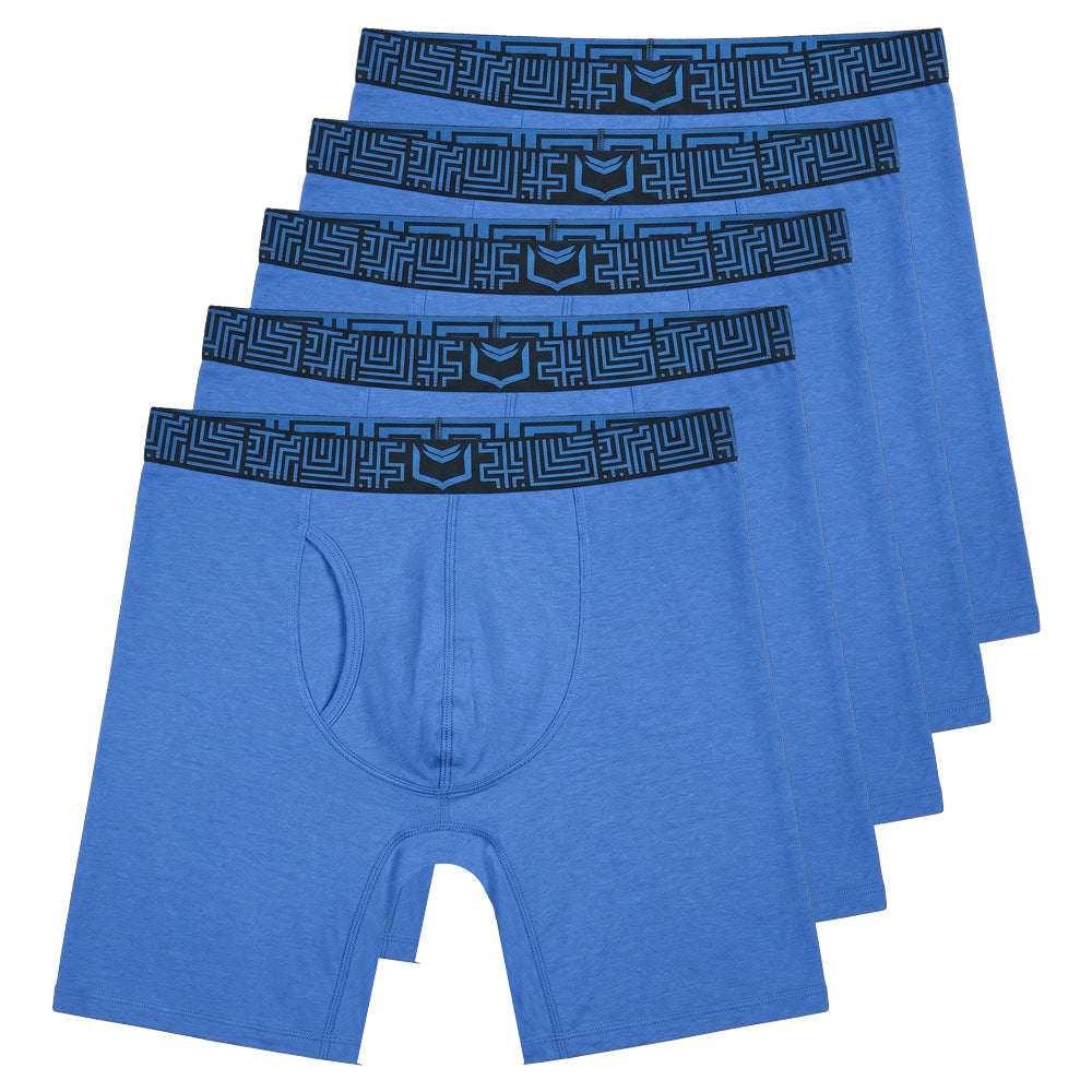 Set of 5 SHEATH V blue boxer briefs with black waistbands on white background#color_colossus-blue