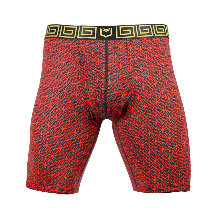 SHEATH V 8" Sports Performance Dual Pouch Boxer Brief - Red Flower of Life