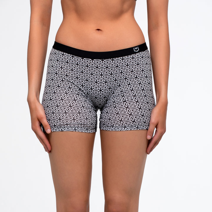 SHEATH Women's Long Leg Boxer Brief - Black & White Flower of Life