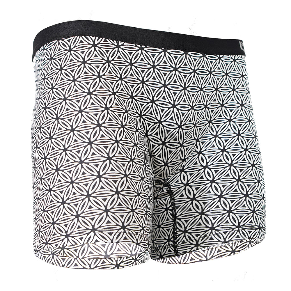 SHEATH Women's Long Leg Boxer Brief - Black & White Flower of Life