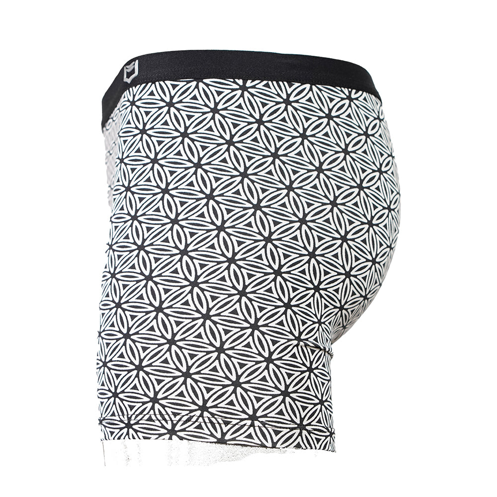 SHEATH Women's Long Leg Boxer Brief - Black & White Flower of Life