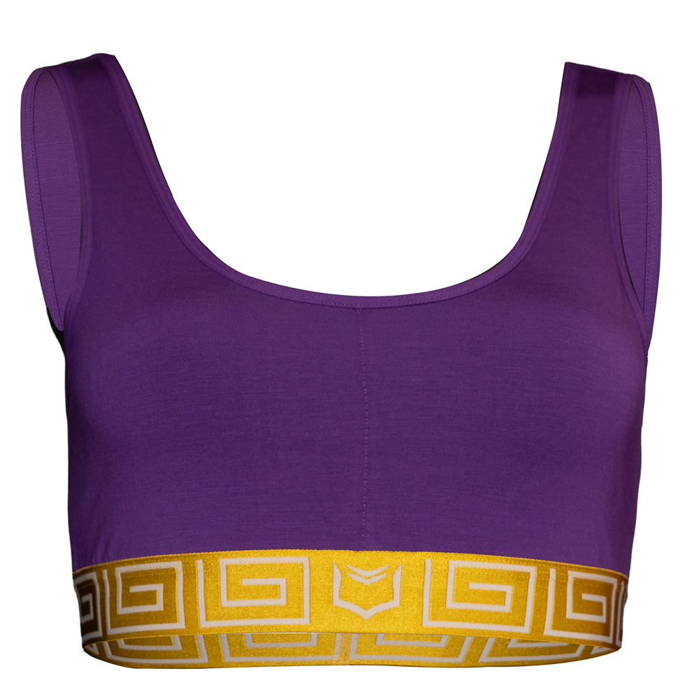 SHEATH purple &amp; gold sports bralette with wide shoulder straps and supportive elastic band featuring subtle logo, made from breathable moisture-wicking fabric for comfortable wear. front view