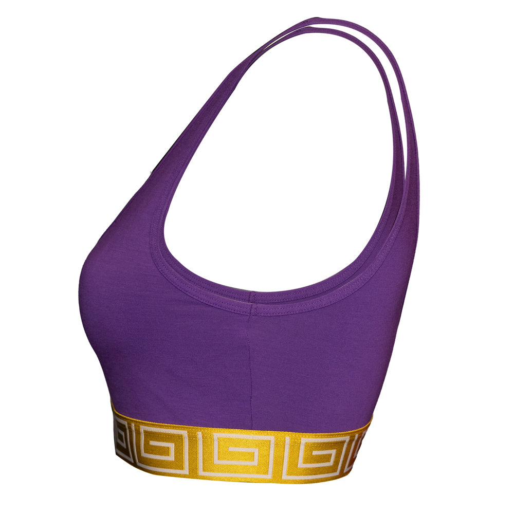 SHEATH purple &amp; gold sports bralette with geometric elastic band, made from breathable, moisture-wicking fabric for comfortable support side view