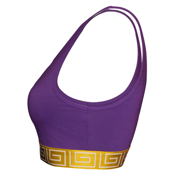 SHEATH purple &amp; gold sports bralette with geometric elastic band, made from breathable, moisture-wicking fabric for comfortable support side view