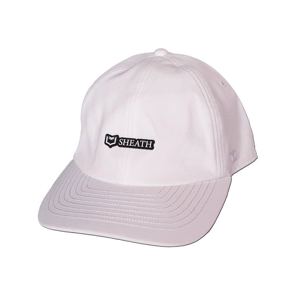 Front side of white cap melin hydro legend stealth cap with 'SHEATH' logo on a white background#color_white