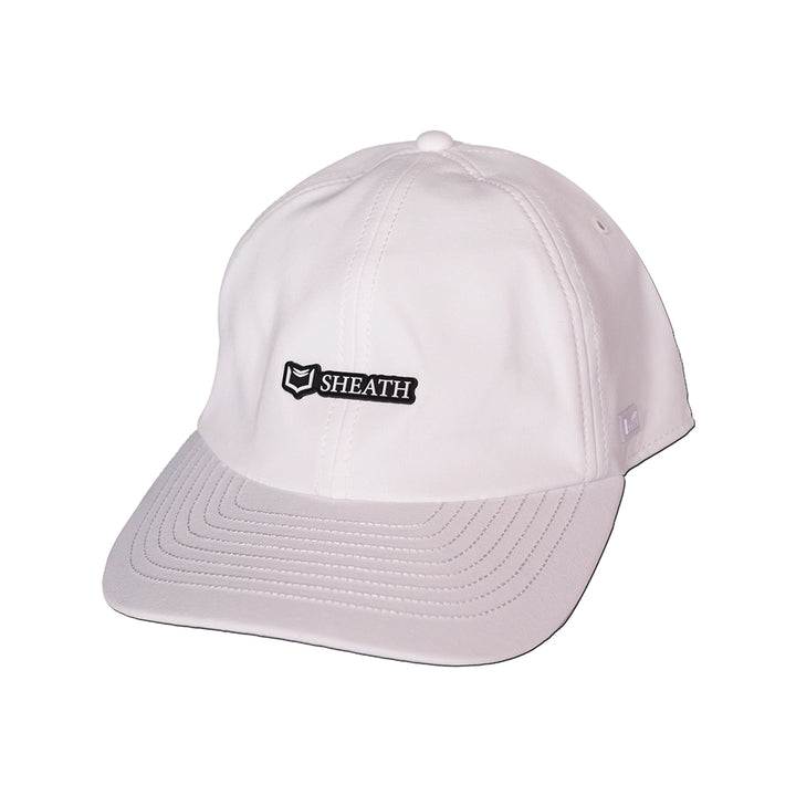 Front side of white cap melin hydro legend stealth cap with 'SHEATH' logo on a white background#color_white